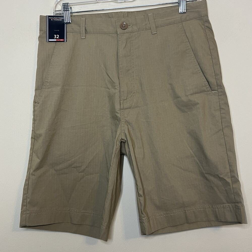 Roundtree & Yorke Classic Fit Shorts Men's 32 Flat Front Chino Beige Ripstop NWT
